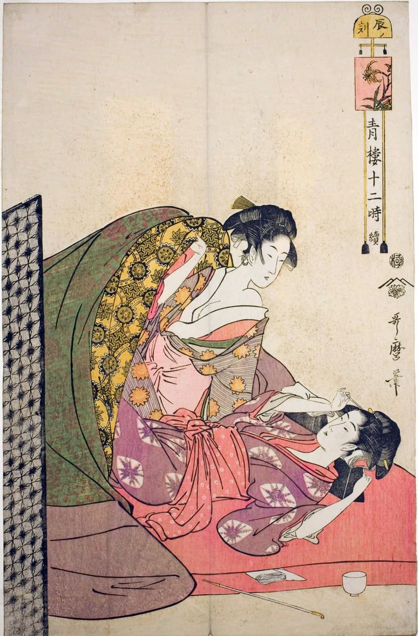 Two Japanese women lying in bed
