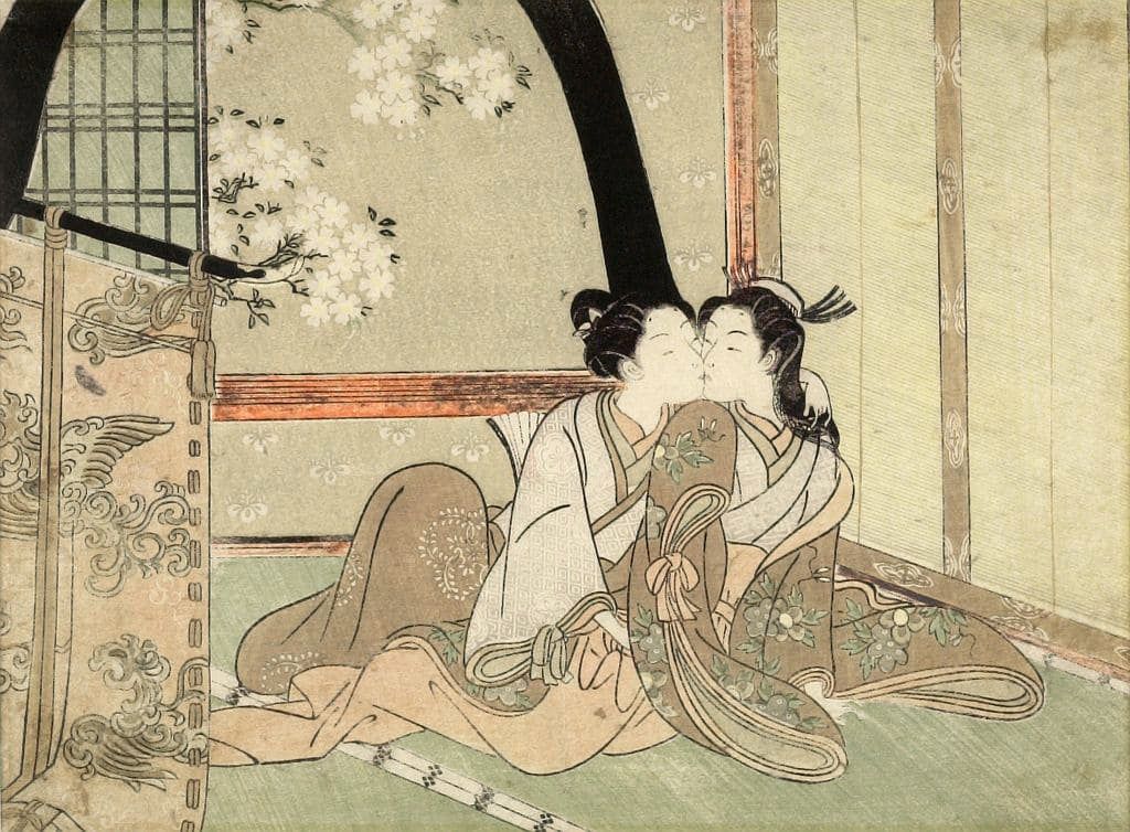 Two Japanese women kissing