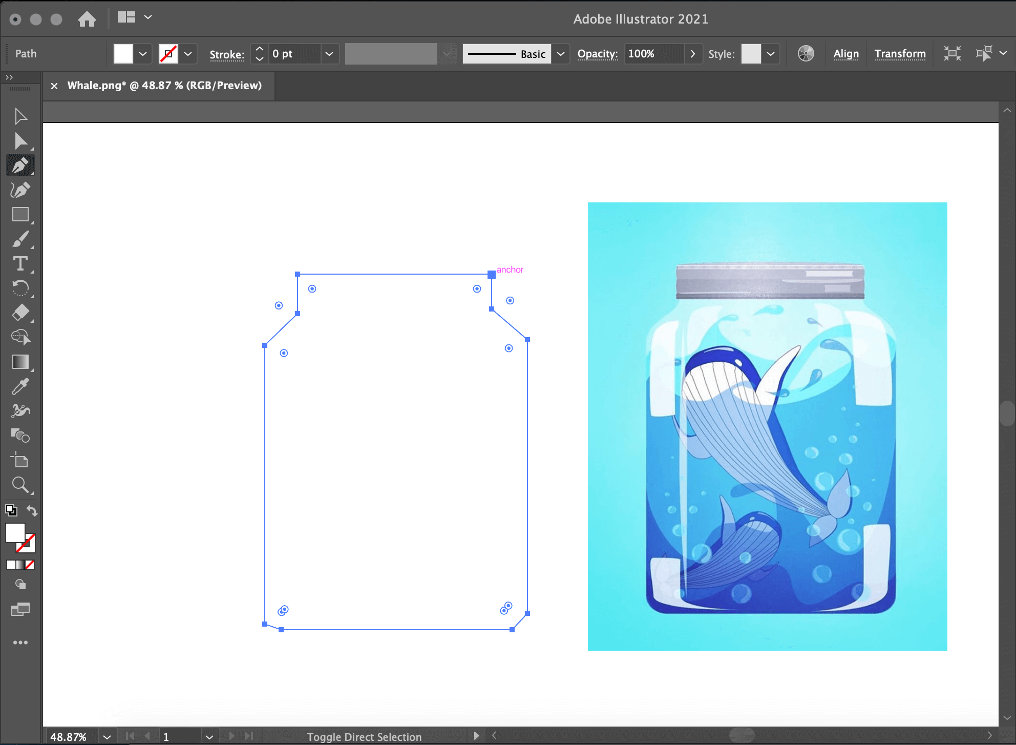 Design UI showing an artwork of a whale in a jar and clipping mask