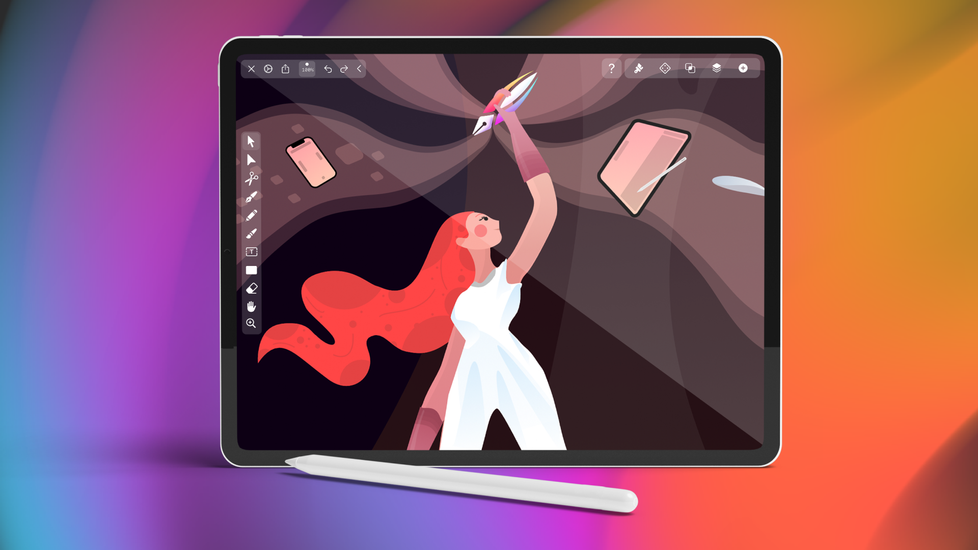 iPad screen showing artwork of a woman holding a pen